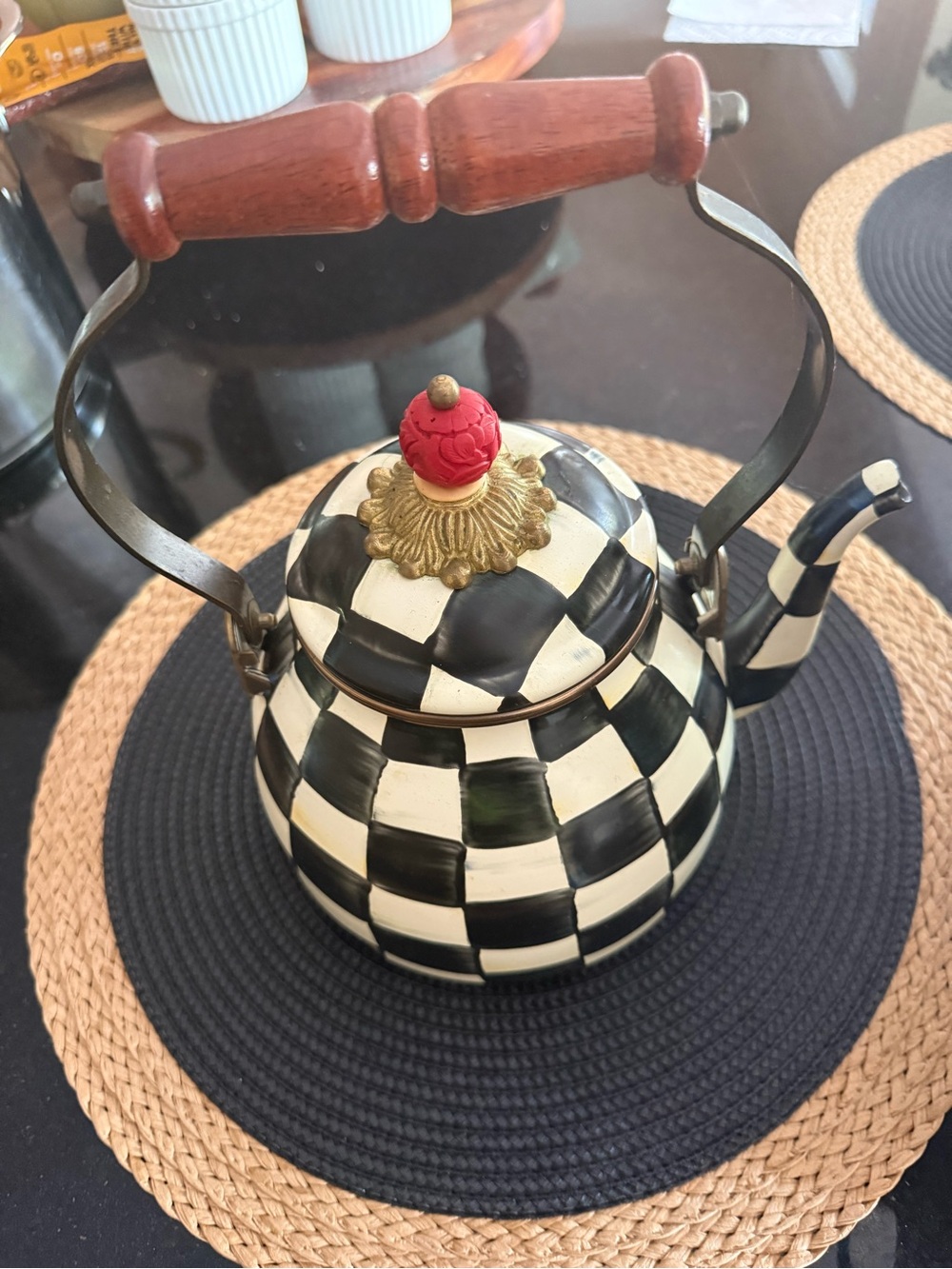 MacKenzie-Childs Black and White Checkered Teakettle with Red Finial